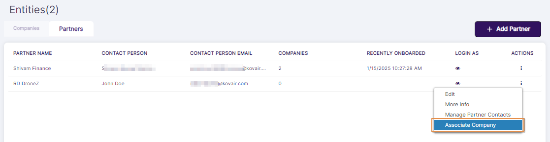 Associate Company menu option