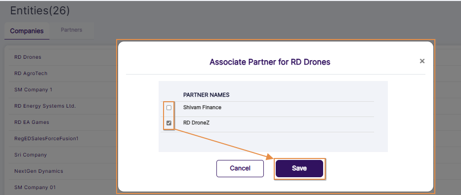 Associate Partner modal view