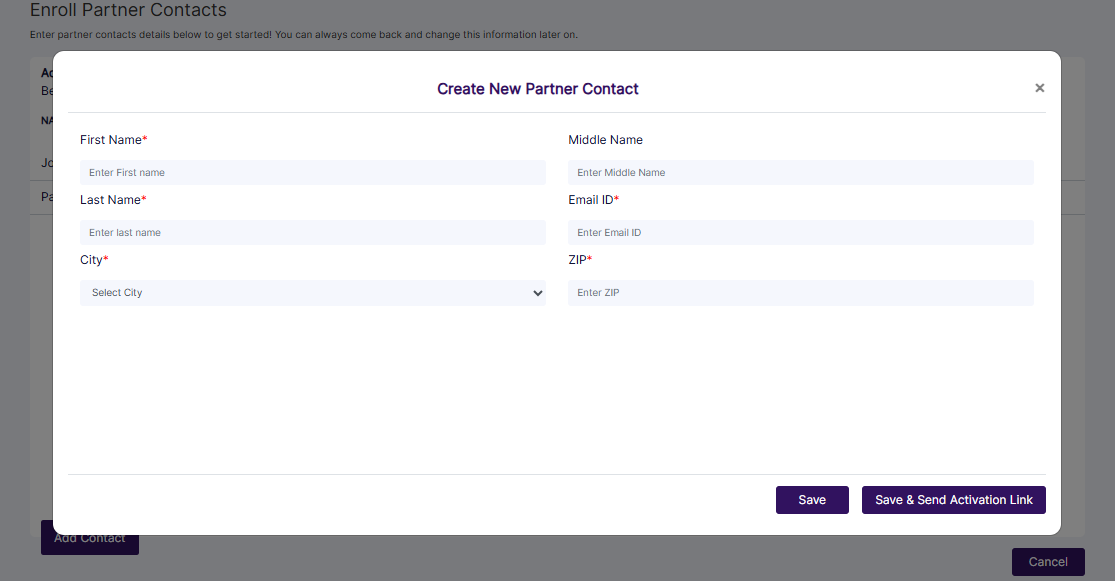 Create New Partner Contact modal view