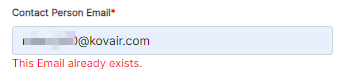Tooltip prompted when contact person email address is not unique
