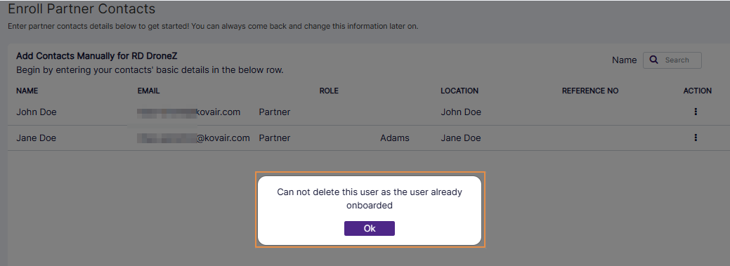 Cannot delete onboarded Partner Contact