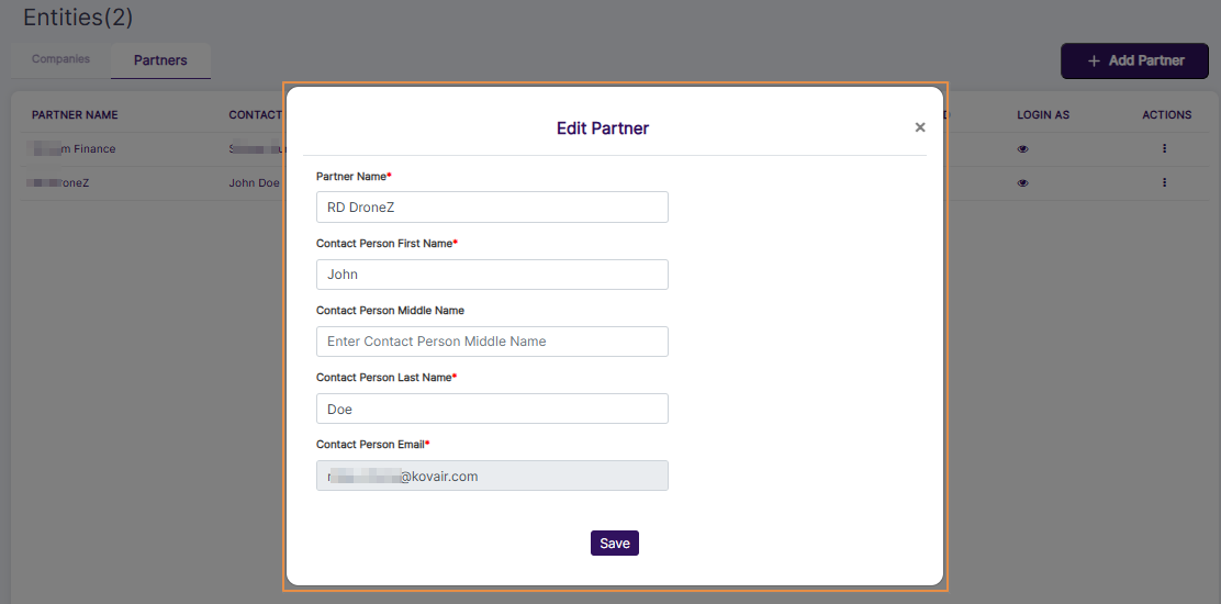 Edit Partner modal view