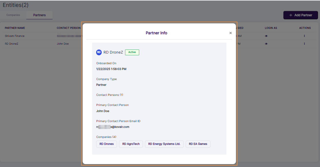 Partner Info modal view