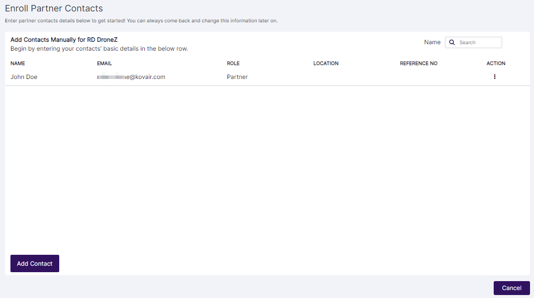 Enroll Partner Contacts modal view