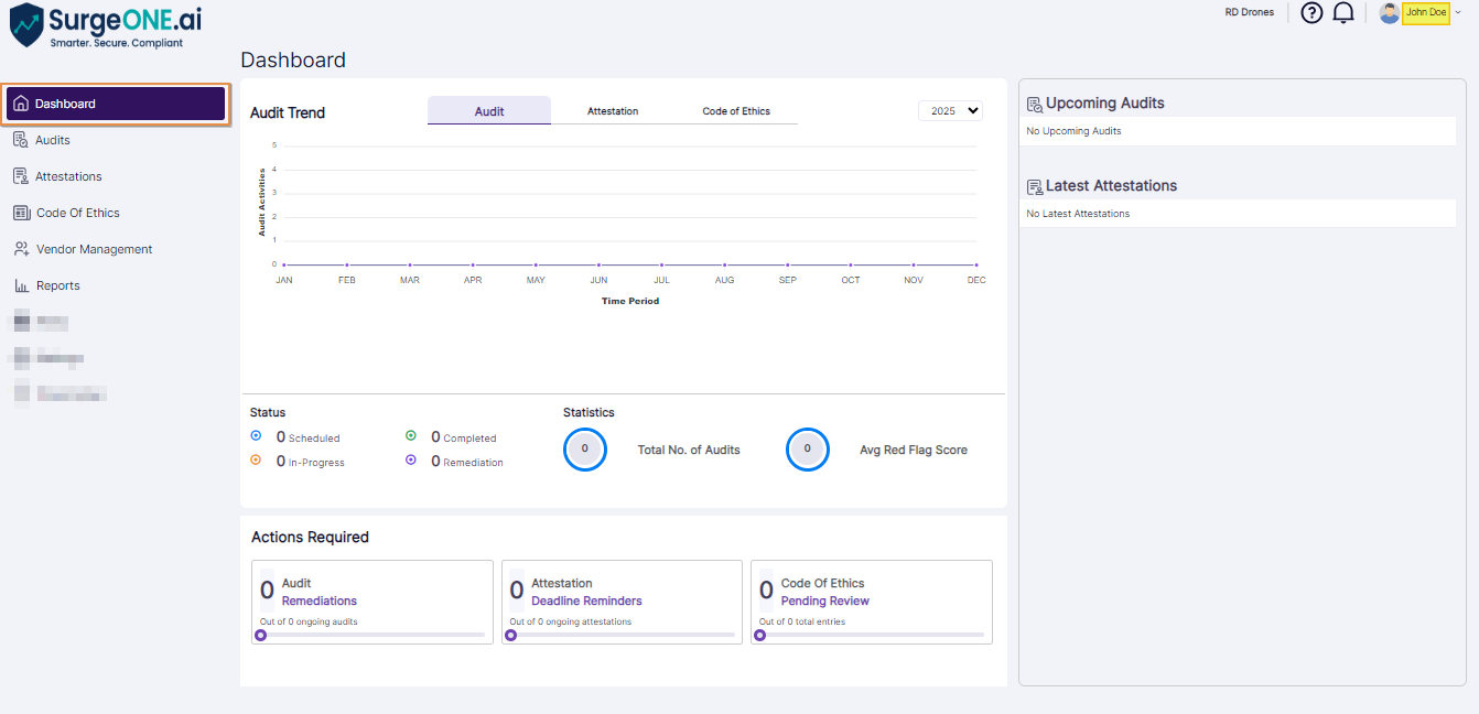 Dashboard view after Company / Branch Admin role user logs into SurgeONE.ai