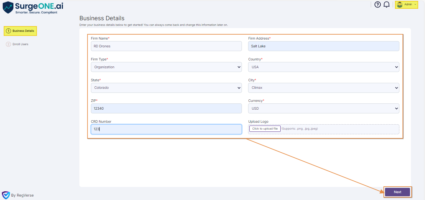 Providing business details in first stage