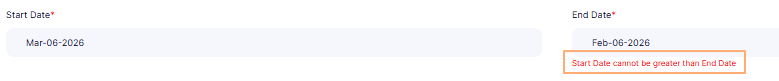 Start Date cannot be greater than End Date validation tooltip
