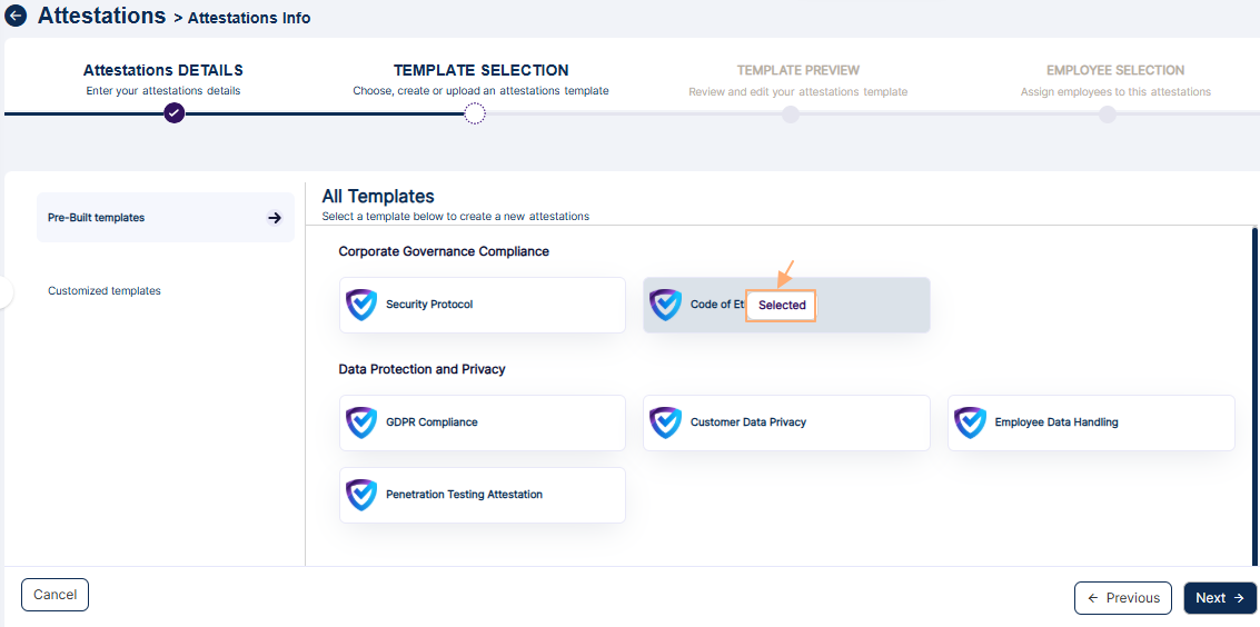 Selected label displayed over chosen attestation template