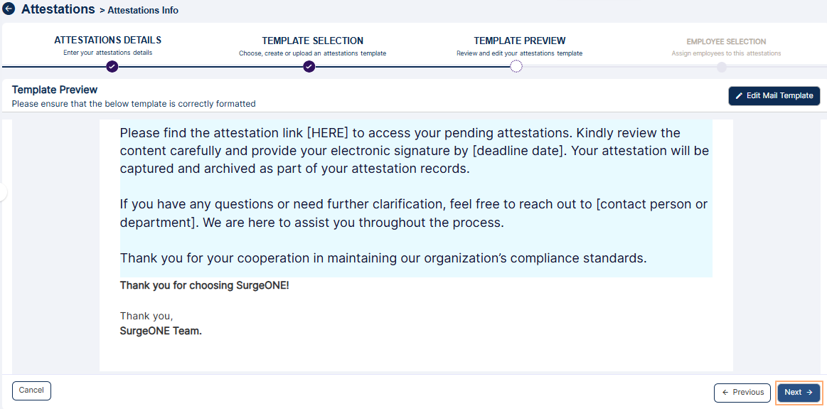 Next button to proceed to view the template questions