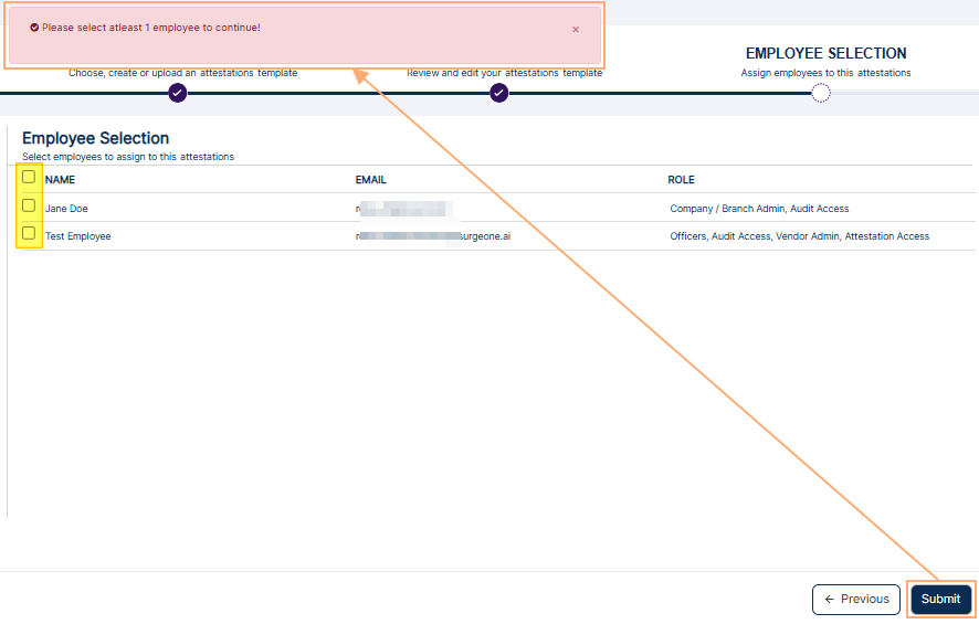 Employee selection validation prompt