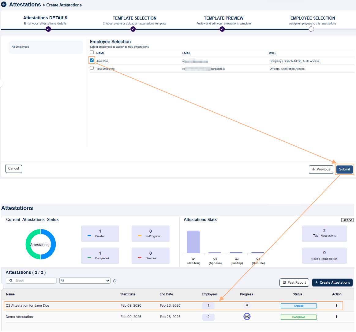 Attestation created and displayed on the Attestations grid view