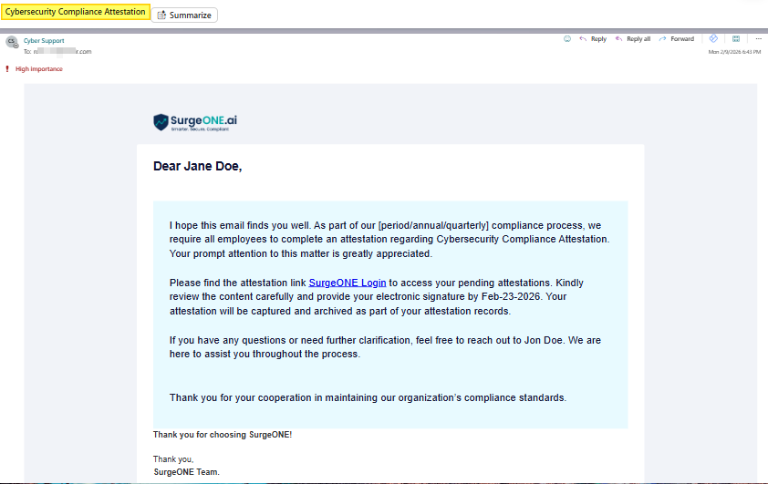 Email to initiate the attestation that is assigned