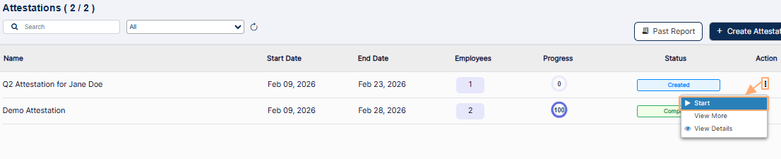 Expanded row context menu option labeled as Start