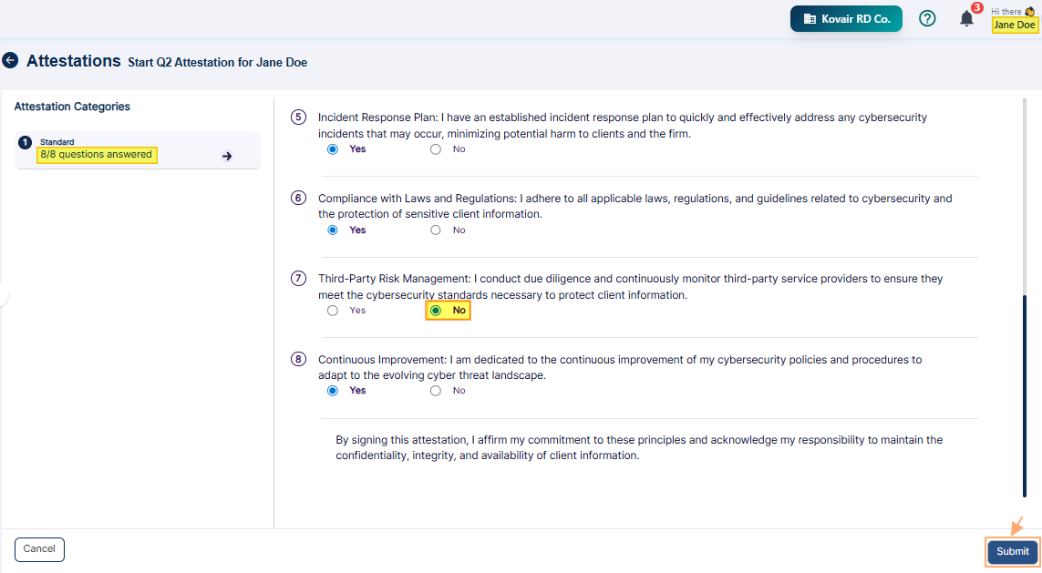 Submitting an attestation with a negative response
