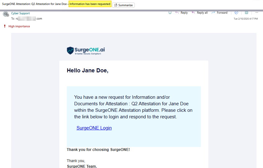 Triggered email to provide additional information