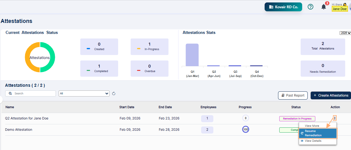 Expanded Resume Remediation context menu of the assigned employee for attestation remediation