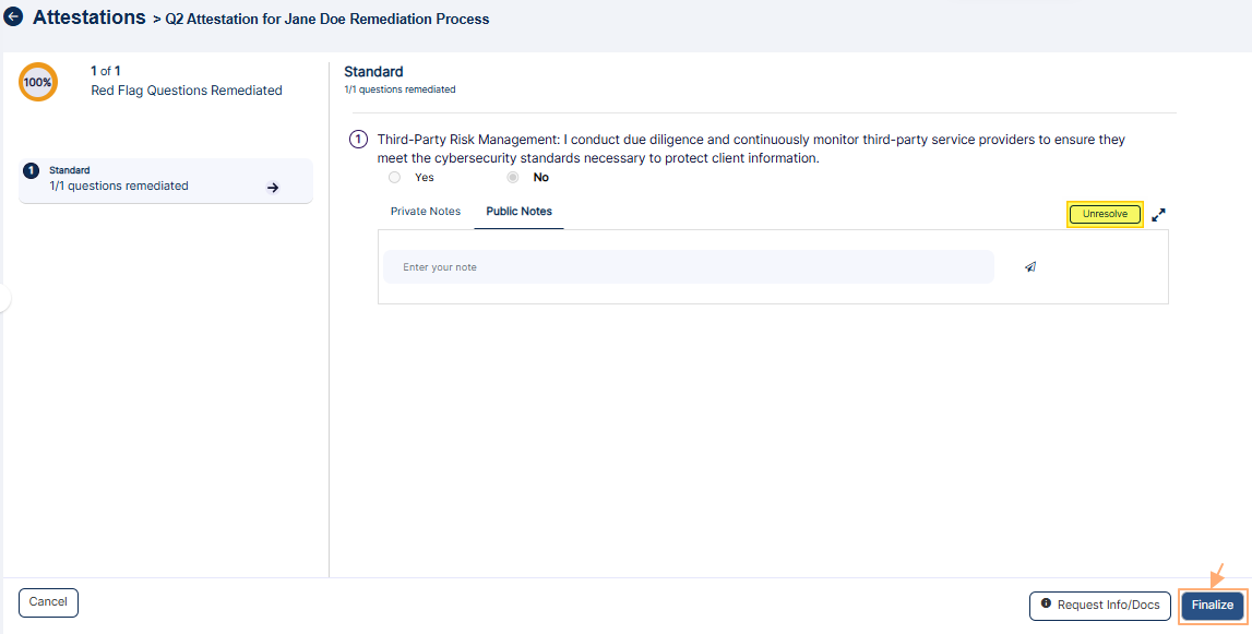 Finalize button to complete the attestation