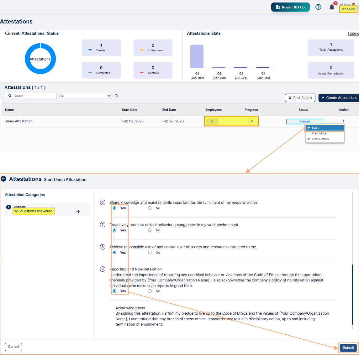 Clicking on the expanded Start context menu and then submitting attestation after providing positive responses
