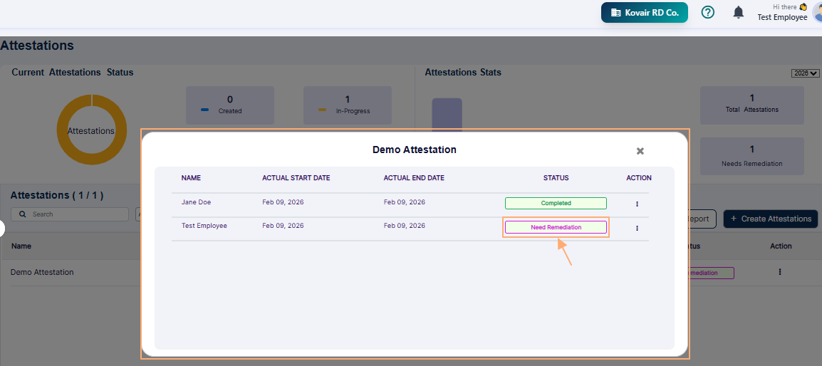Attestation modal window with option to begin remediation
