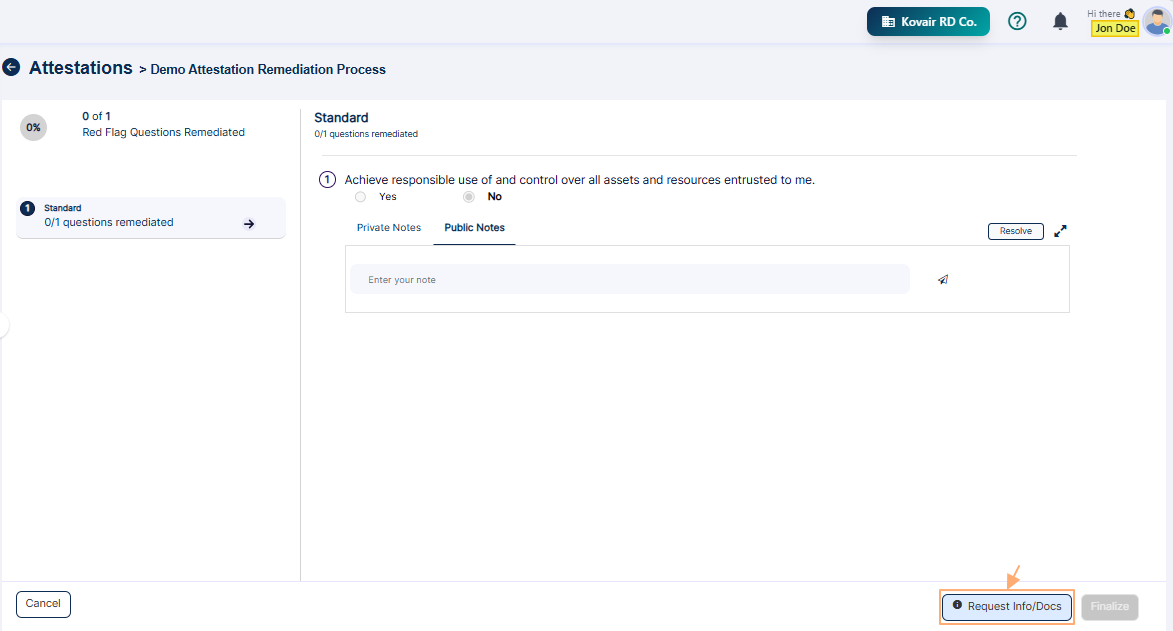 Request Info/Docs button visible only to the attestation creator