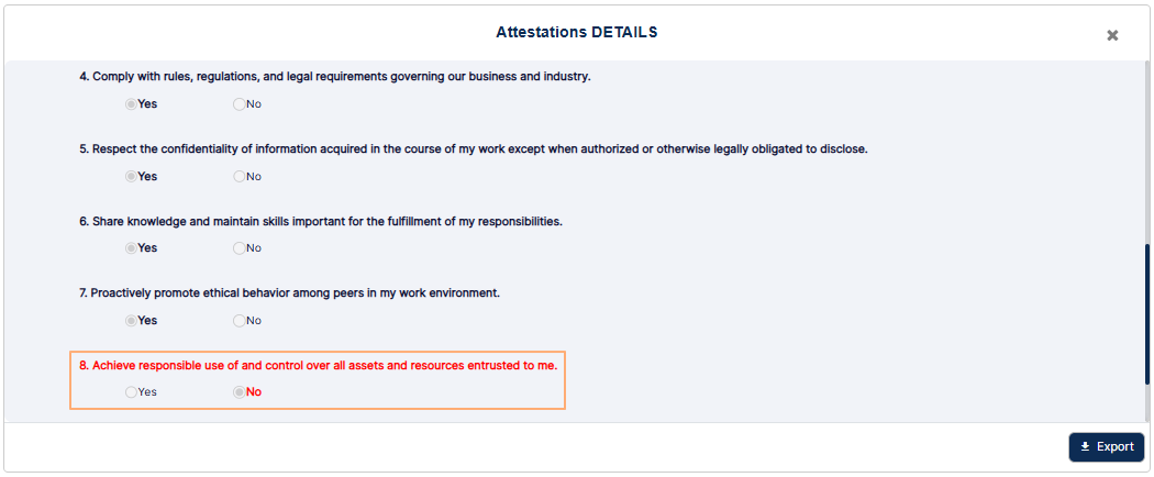 View of the color-coded red-flagged question and response, Note and Attachment title with hyperlink