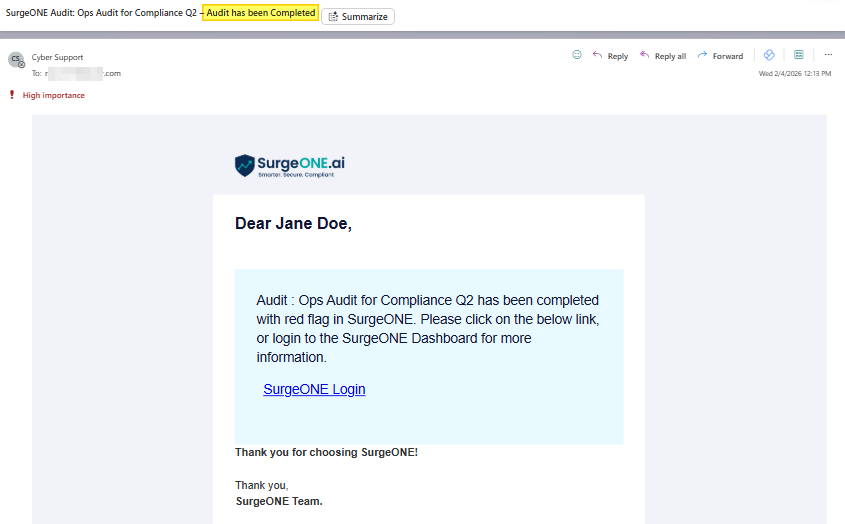 View of email regarding the audit completion