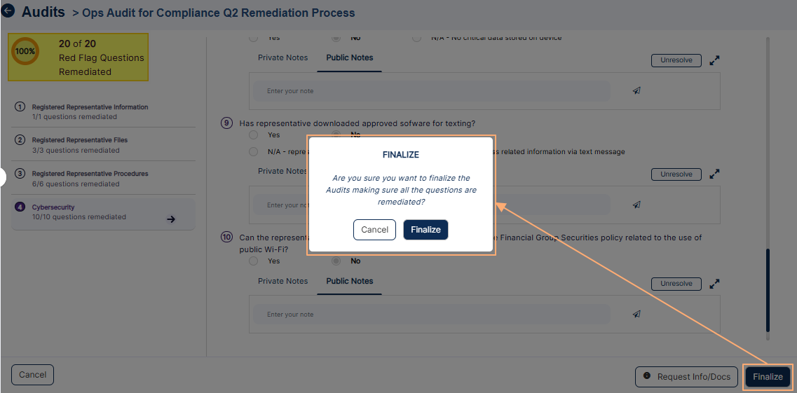 Finalization when no red flagged questions are left in the audit