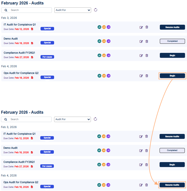 Begin button label changes to Resume Audit
