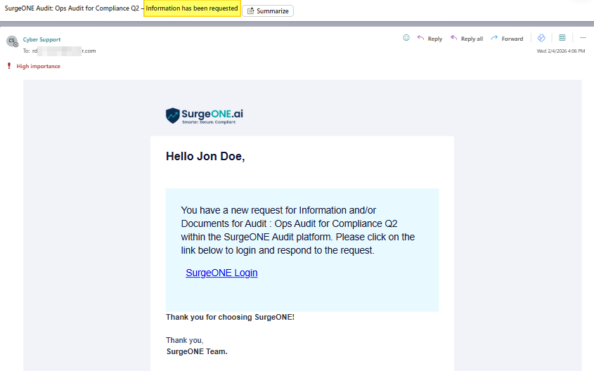 View of received email