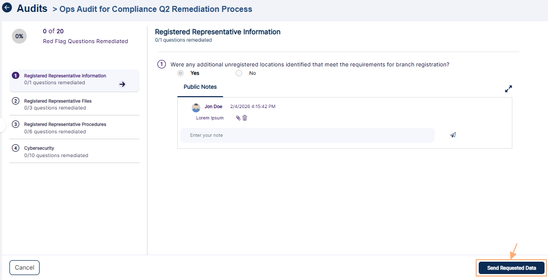 View of Send Requested Data button