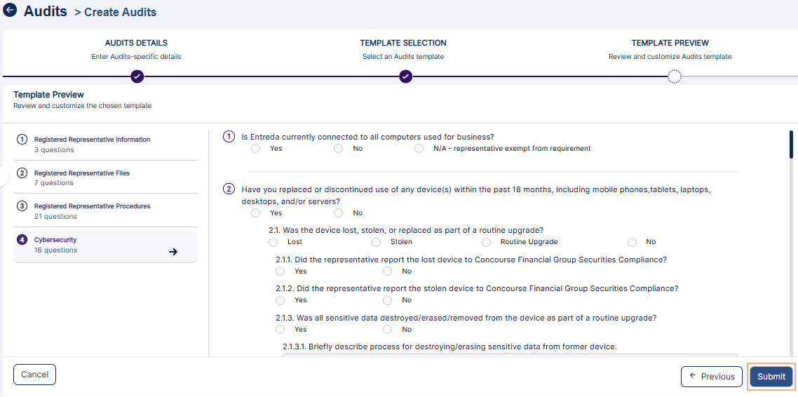 Submit button to create Audit