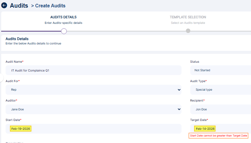 Start Date cannot be greater than Target Date tooltip