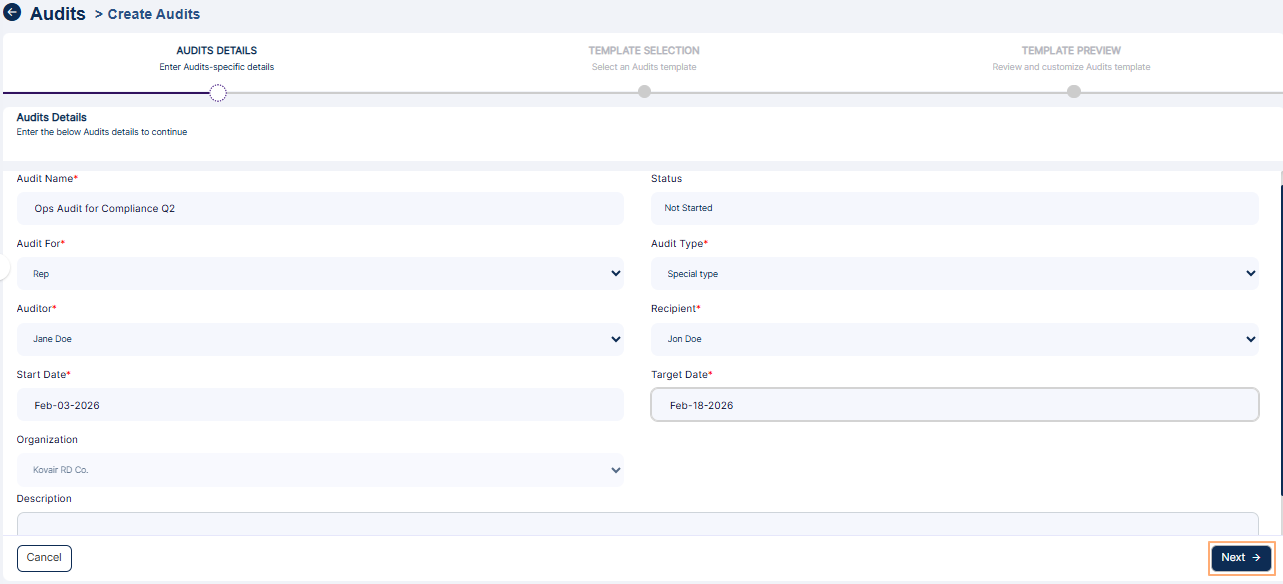 Next button to proceed