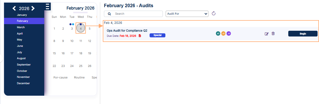 Date selection on calendar month loads Audits starting on that date
