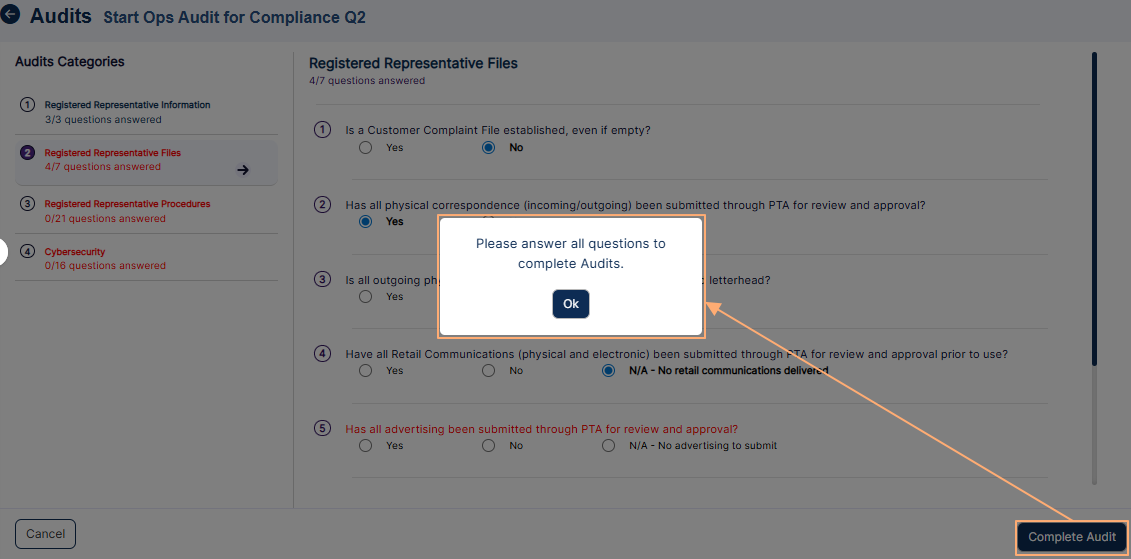 All questions are not responded dialog box