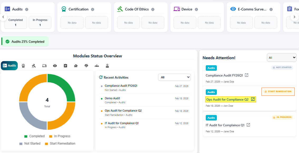 Dashboard shows the updated audit status