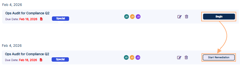 Audit action button label changed from Begin to Start Remediation