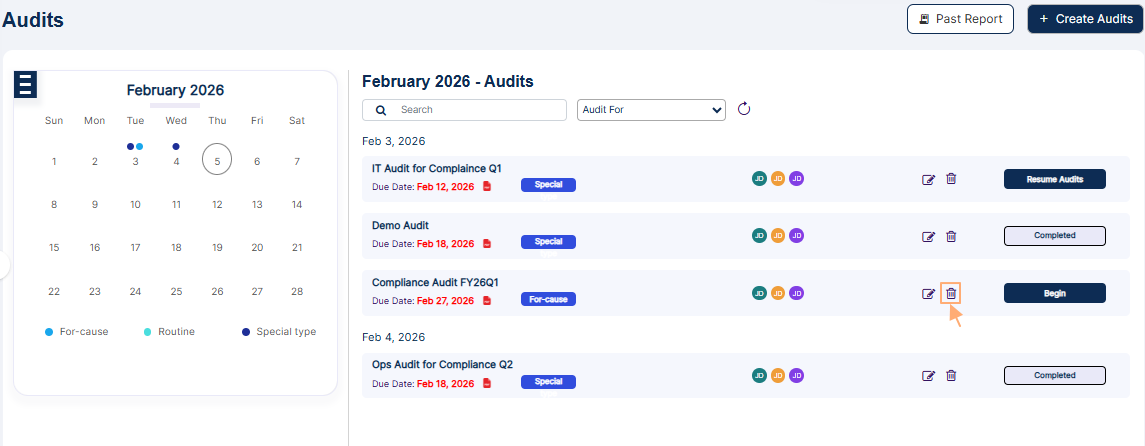 Option to delete an audit which is not started