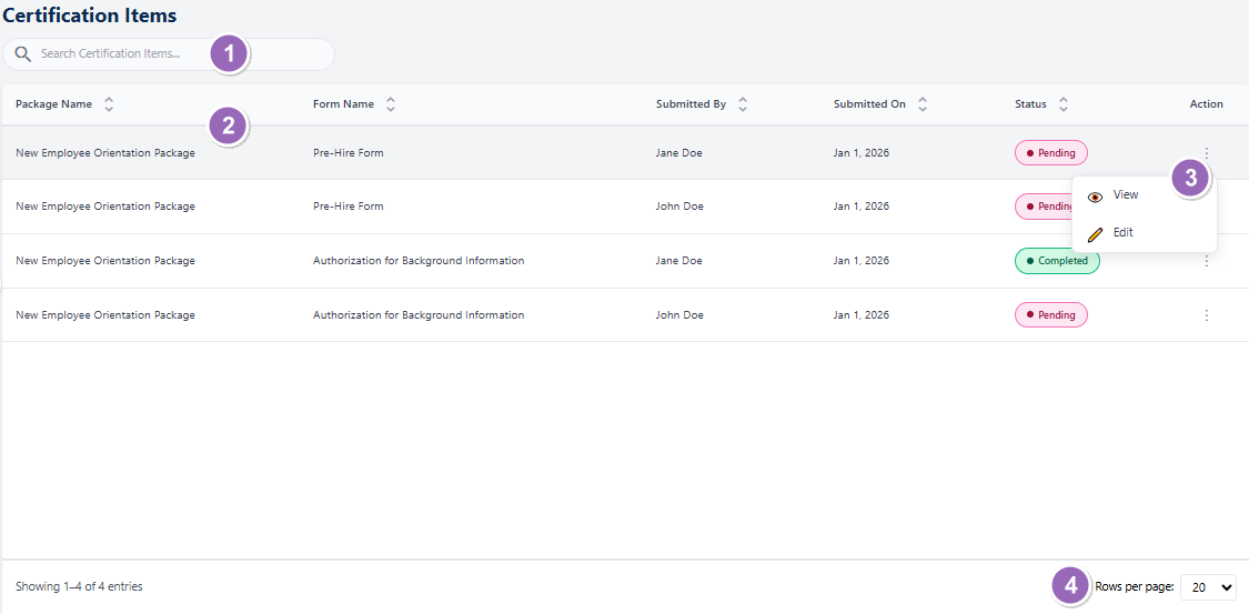 Understanding the various elements of the Certification Items page