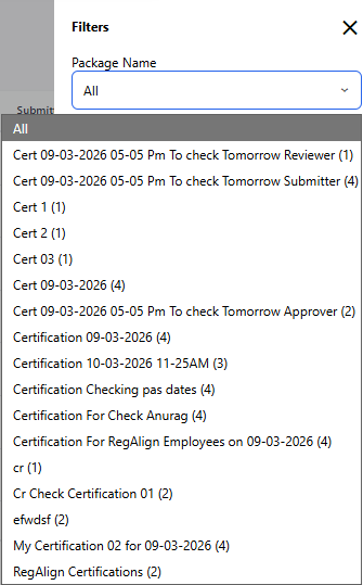 Package Name filter dropdown showing certification packages with count