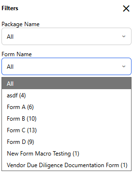 Form Name filter dropdown listing available certification forms with count