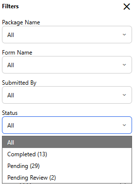 Status filter dropdown showing workflow statuses with record counts