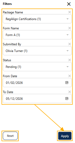 Apply and Reset buttons used to apply or clear filter criteria