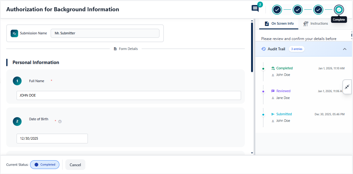 Completed form view with no further action button / option