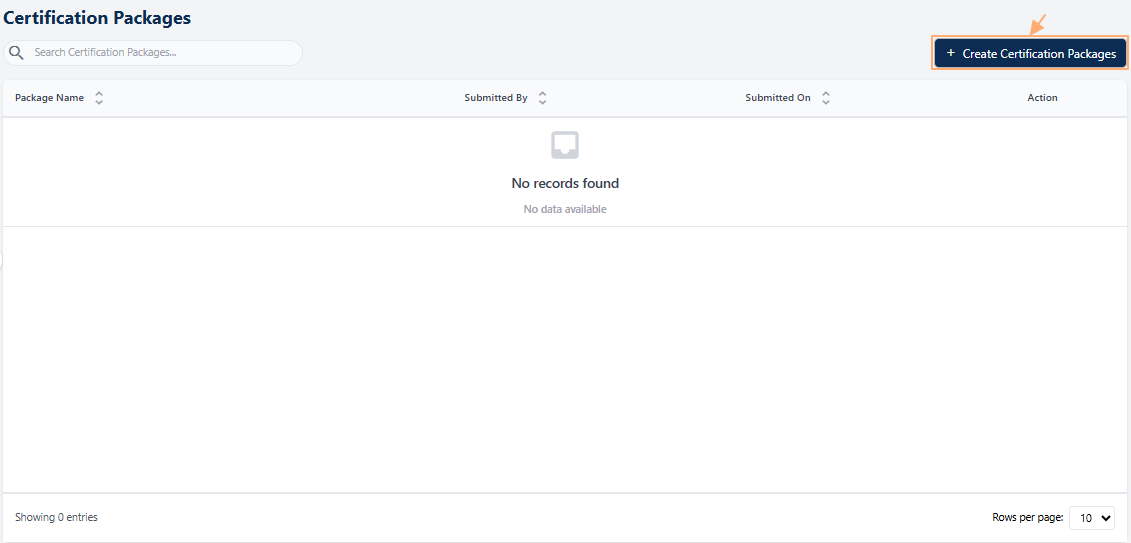 Clicking on the package creation button
