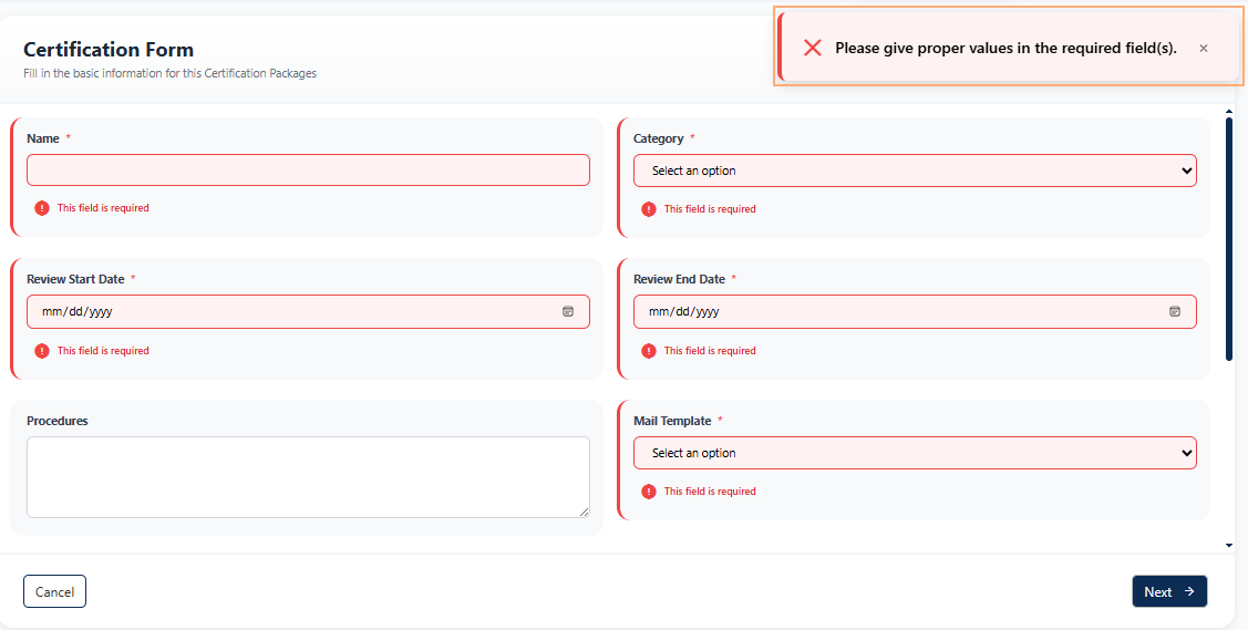 Validation tooltip to enter data in mandatory fields