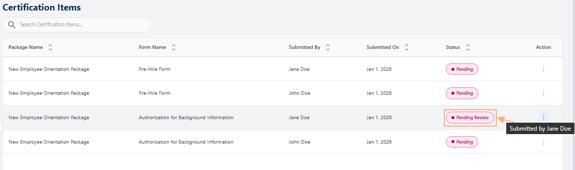 Status update visible in the Certification Items page