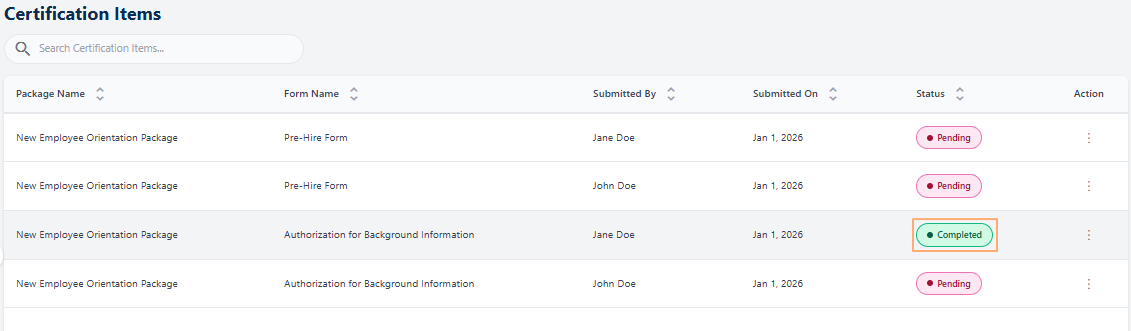 Status update visible in the Certification Items page