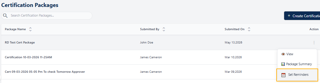 Clicking on the Set Reminders menu option