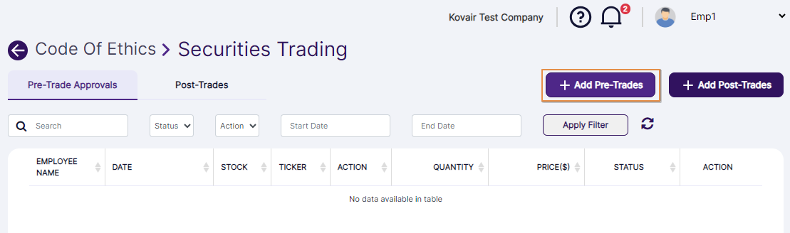 + Add Pre-Trades button